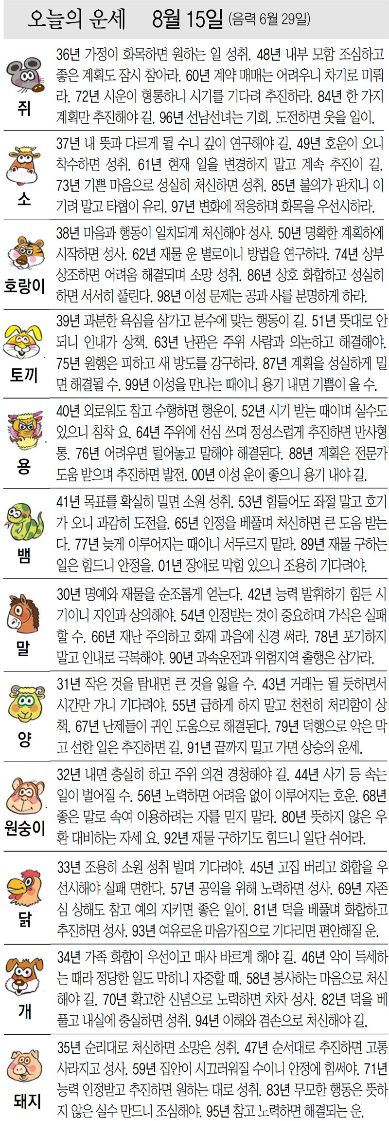 8월 15일 오늘의 운세 ~