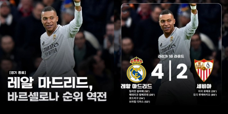 오늘 레알 마드리드 승리로 바르셀로나 현재 3위
