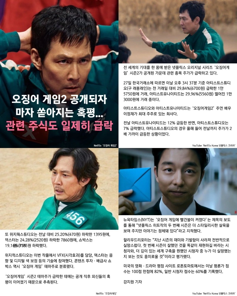 오징어 게임2 공개되자마자 쏟아지는 혹평... 관련 주식도 일제히 급락