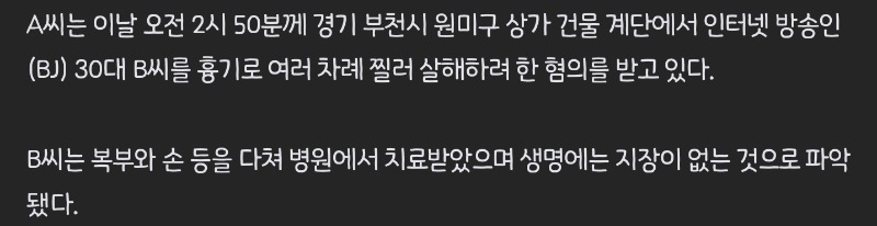 부천 여유튜버 칼부림