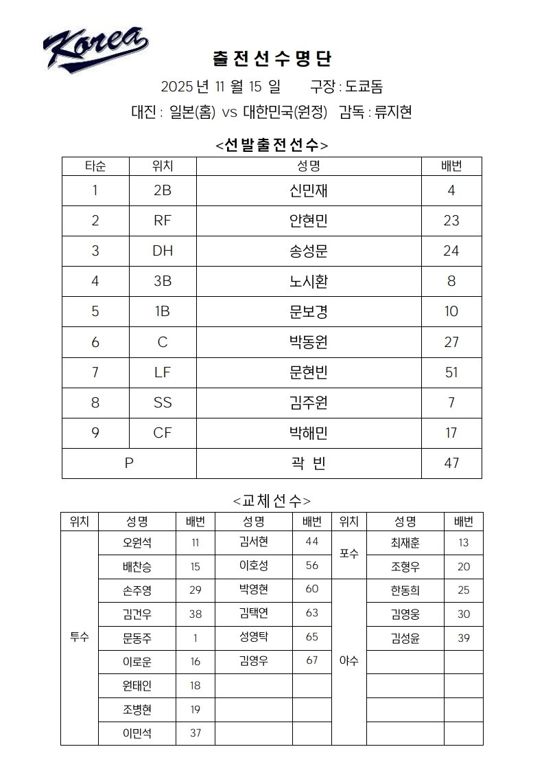 오늘 대한민국 라인업