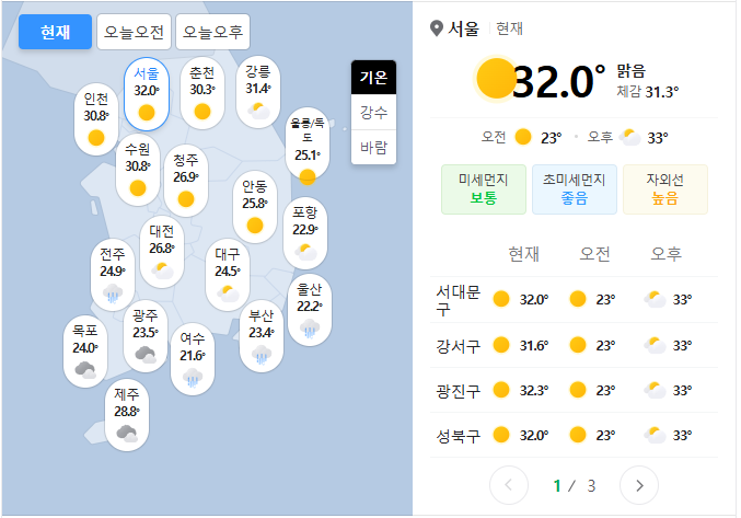 오늘 아랫지방은 비가 오네용