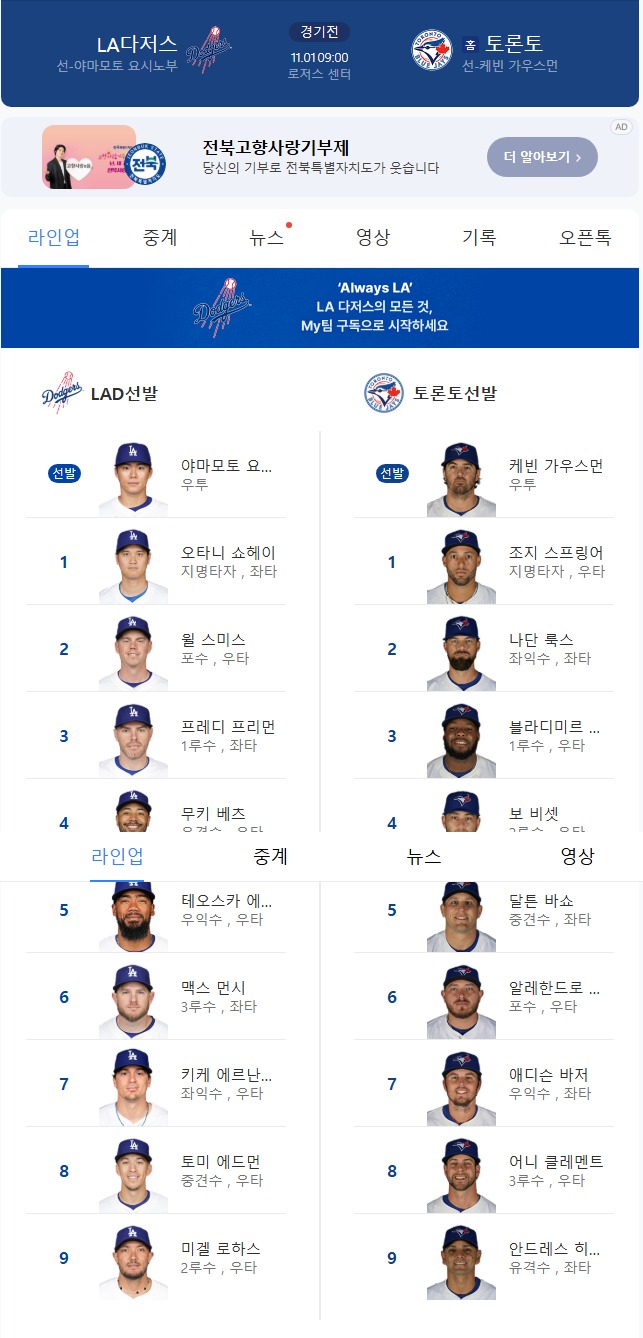 토론토 vs 다저스 6차전
