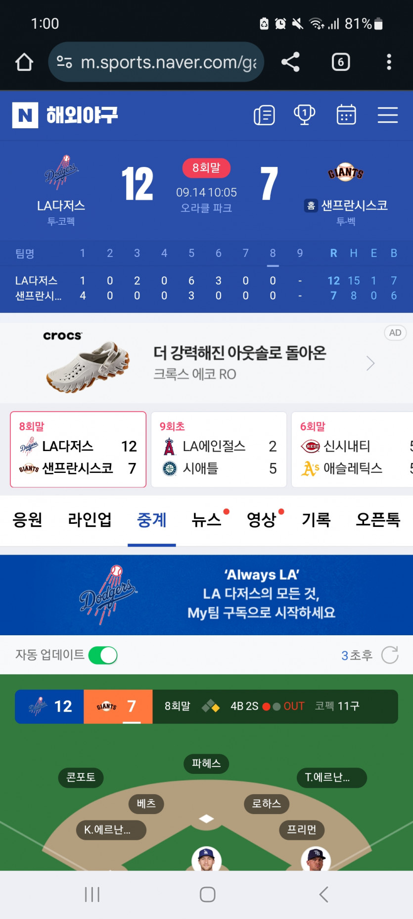 다저스 ㅅㅅㅅ12대 7 ㅅ ㅅㅅㅅ