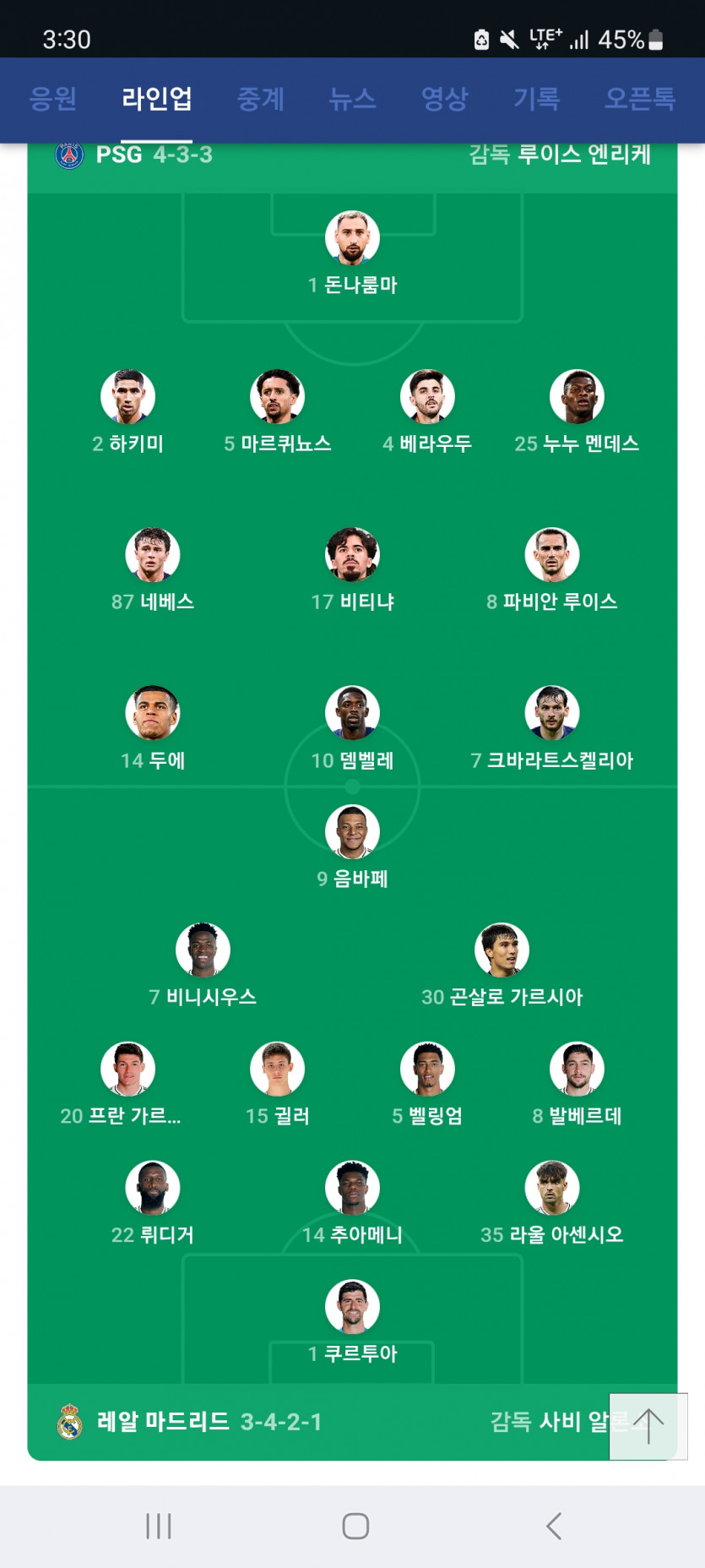 레알 vs 파리 라인업