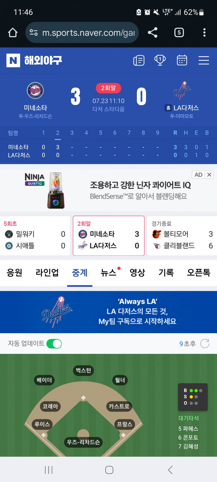다저스는 오늘도ㄷㄷ