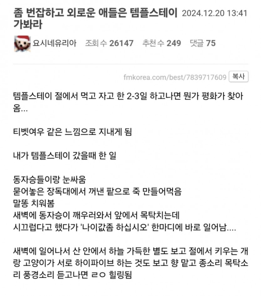 좀 번잡하면 템플스테이 추천