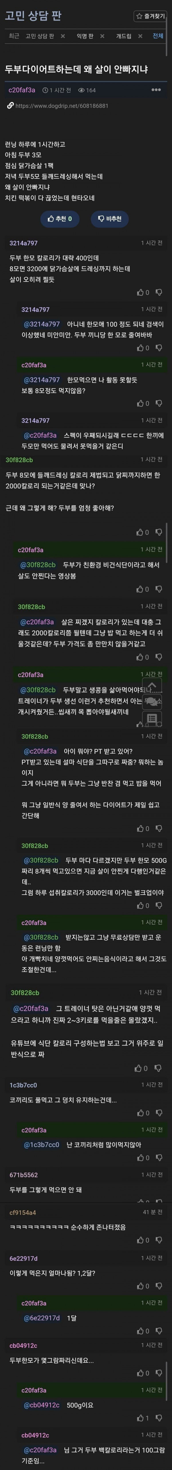 두부 다이어트 하는데 왜 살이 안빠지냐는 고민글