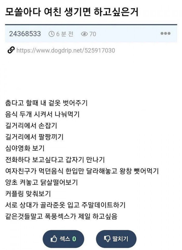 모쏠 아다가 여친 생기면 하고 싶다는 것들