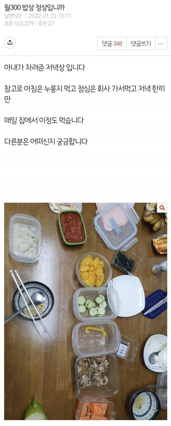 논란의 월 300 남편 저녁상