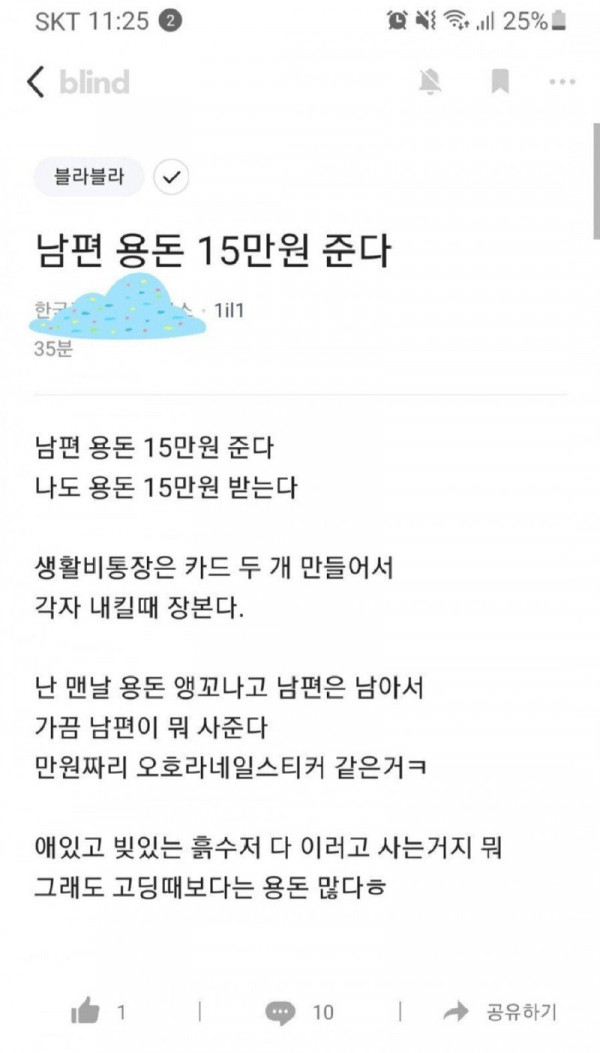 결혼하고 남편 용돈 15만원 준다는 유부녀